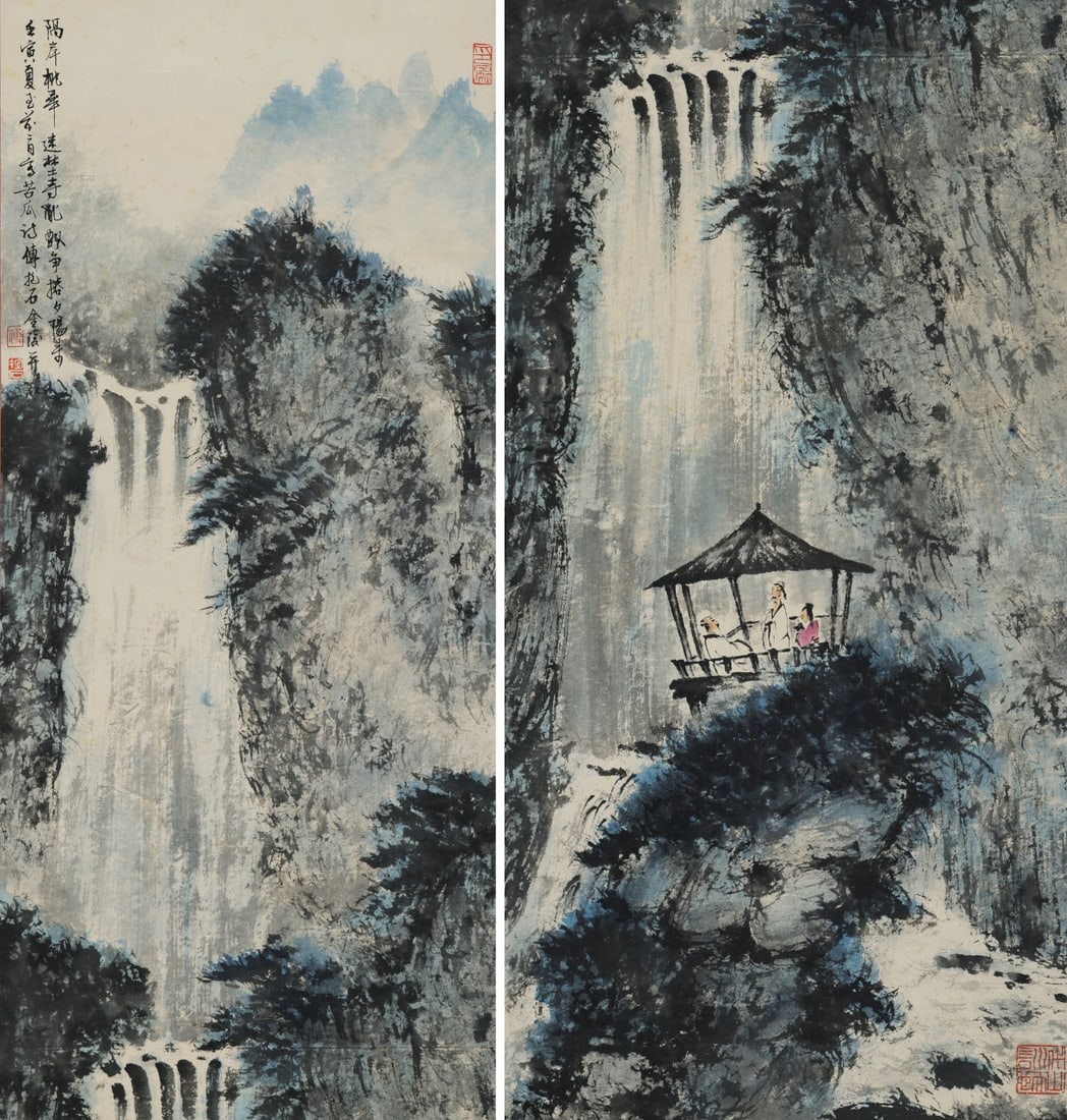 FU BAOSHI GAOYI YOU SHAN GUAN PU TU FOUR-PANEL SCREEN: Picture core dimensions 136x35CMx4