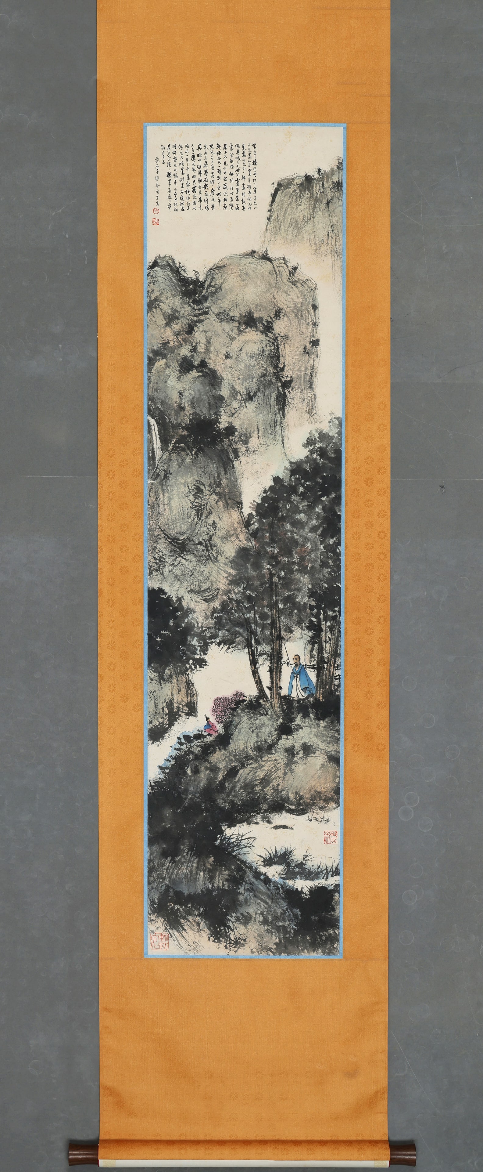 FU BAOSHI, LISTENING TO THE WATERFALL IN THE DEEP MOUNTAINS: 135x33CM