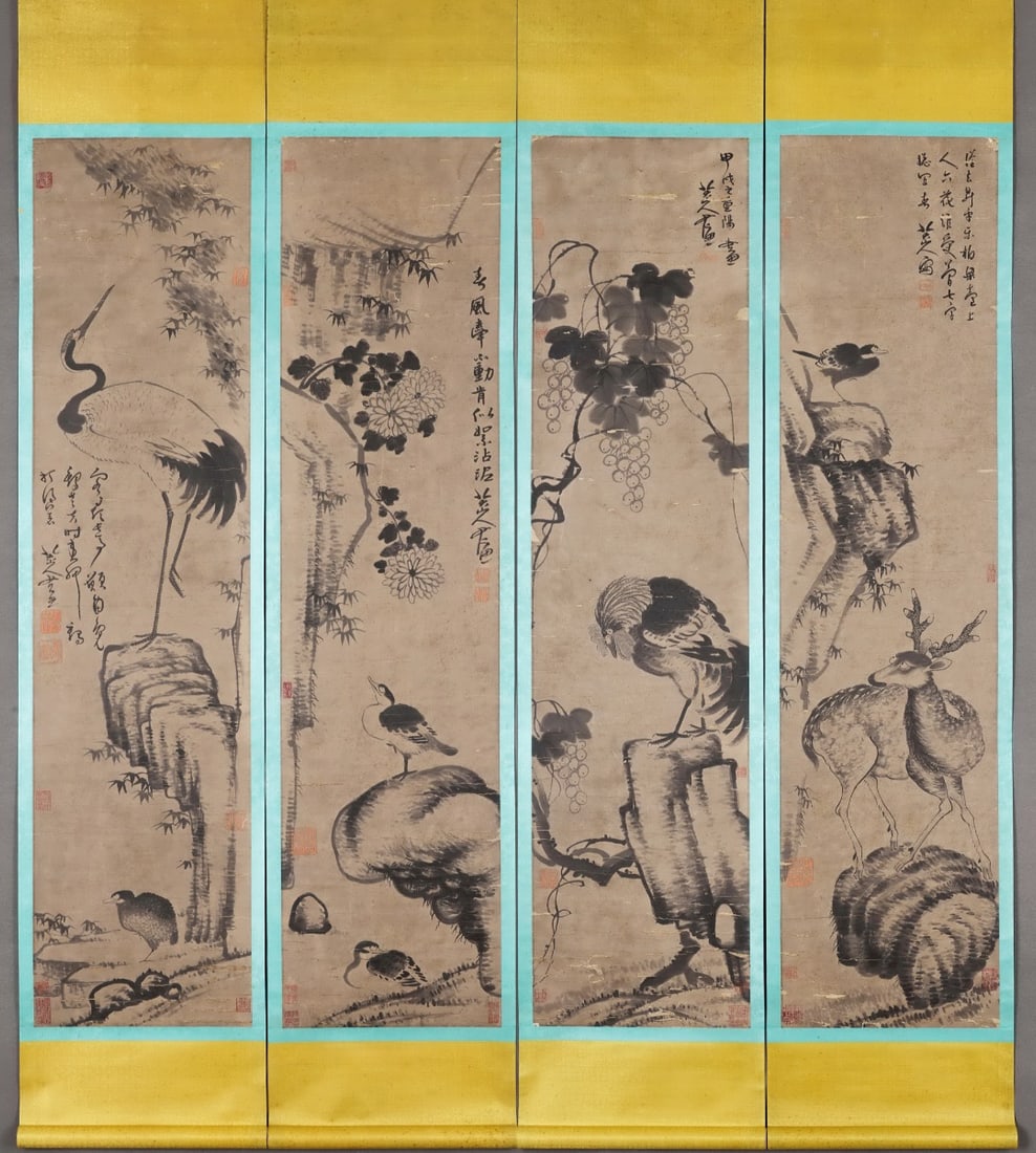 WANG WEI LANDSCAPE ON OLD SILK HAND SCROLL: 136x35CMx4