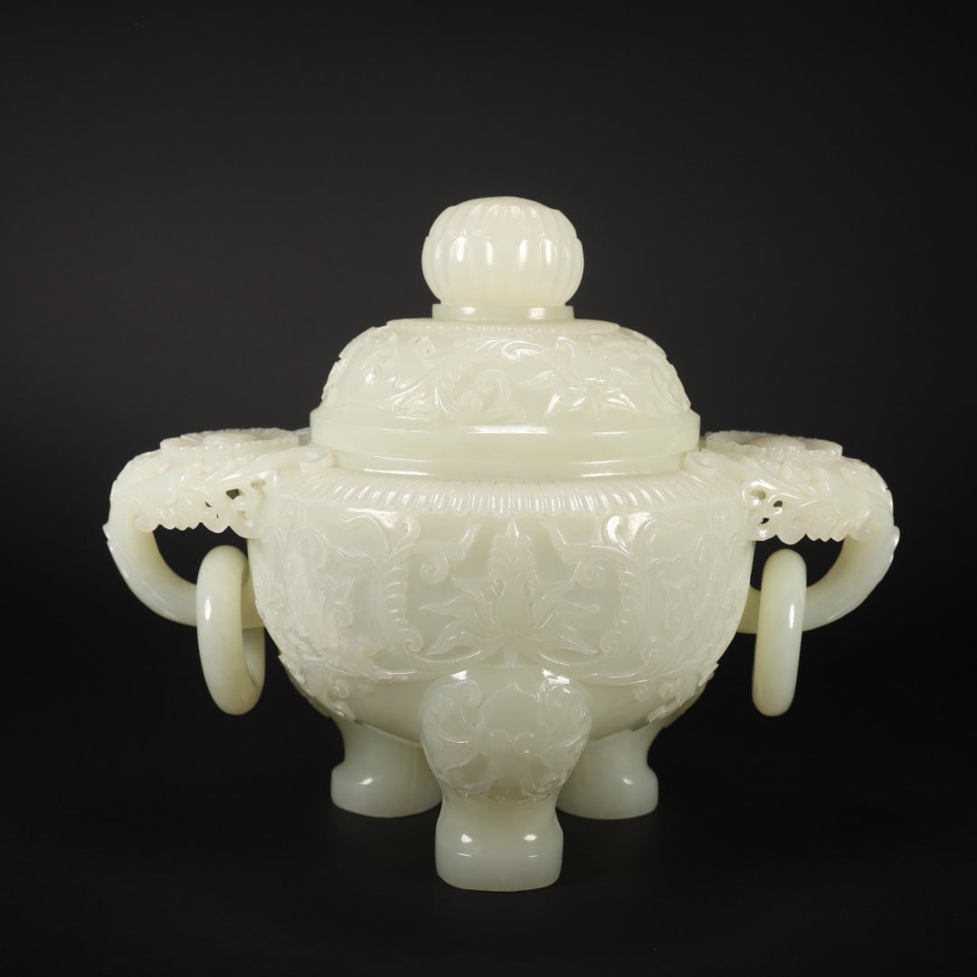 HETIAN WHITE JADE FLORAL DOUBLE-RING COVERED INCENSE BURNER: Ear diameter 19.4 cm, mouth inner diameter 8.8 cm, height 15.6 cm, weight 755 g