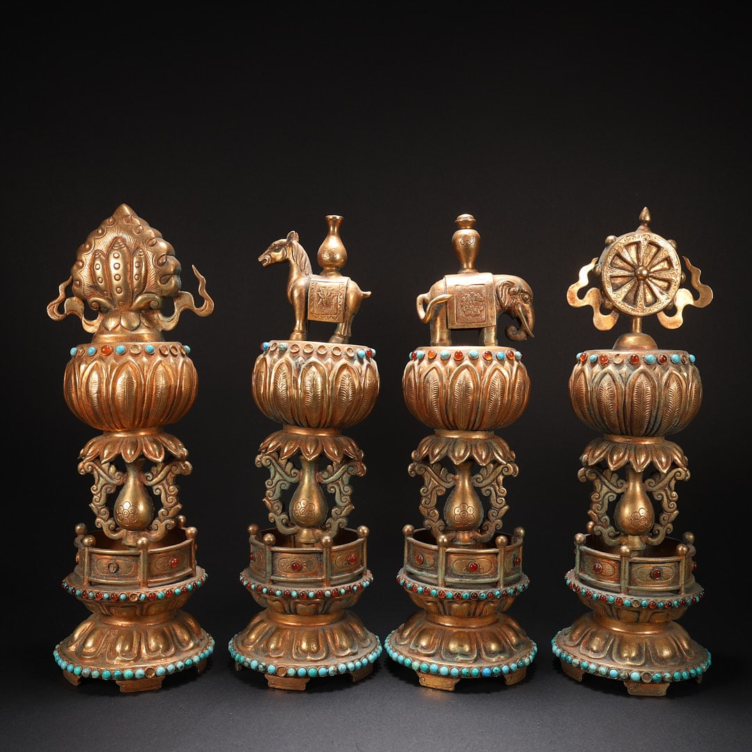 A SET OF SEVEN PRECIOUS GEMS INLAID WITH GILT BRONZE: One of them: Base diameter 7.7 cm, Height 22.7 cm