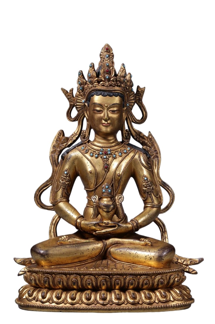 QING DYNASTY, GILT BRONZE SEATED BUDDHA STATUE INLAID WITH TURQUOISE: Height 26.5 cm