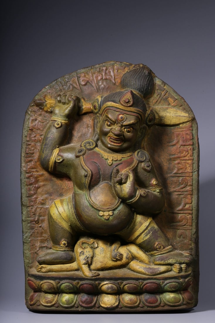 QING DYNASTY, PAINTED ACALA BUDDHA TABLET: Height: 36 cm, length: 25 cm, width: 9.5 cm, weight: 19.6 catties