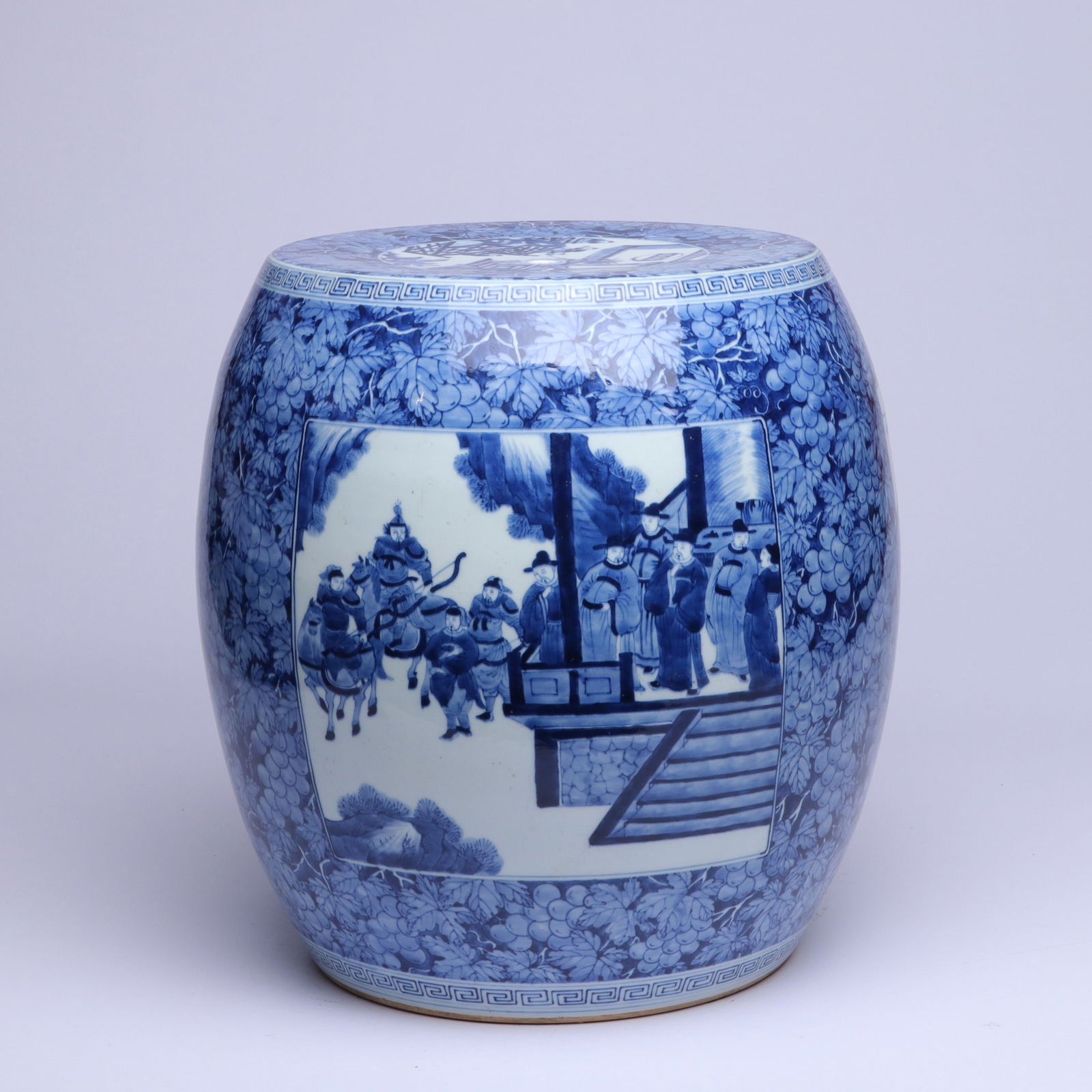 QING DYNASTY KANGXI PERIOD BLUE AND WHITE PORCELAIN STOOL WITH OPENWORK FIGURE AND STORY DESIGN: 25*25*34