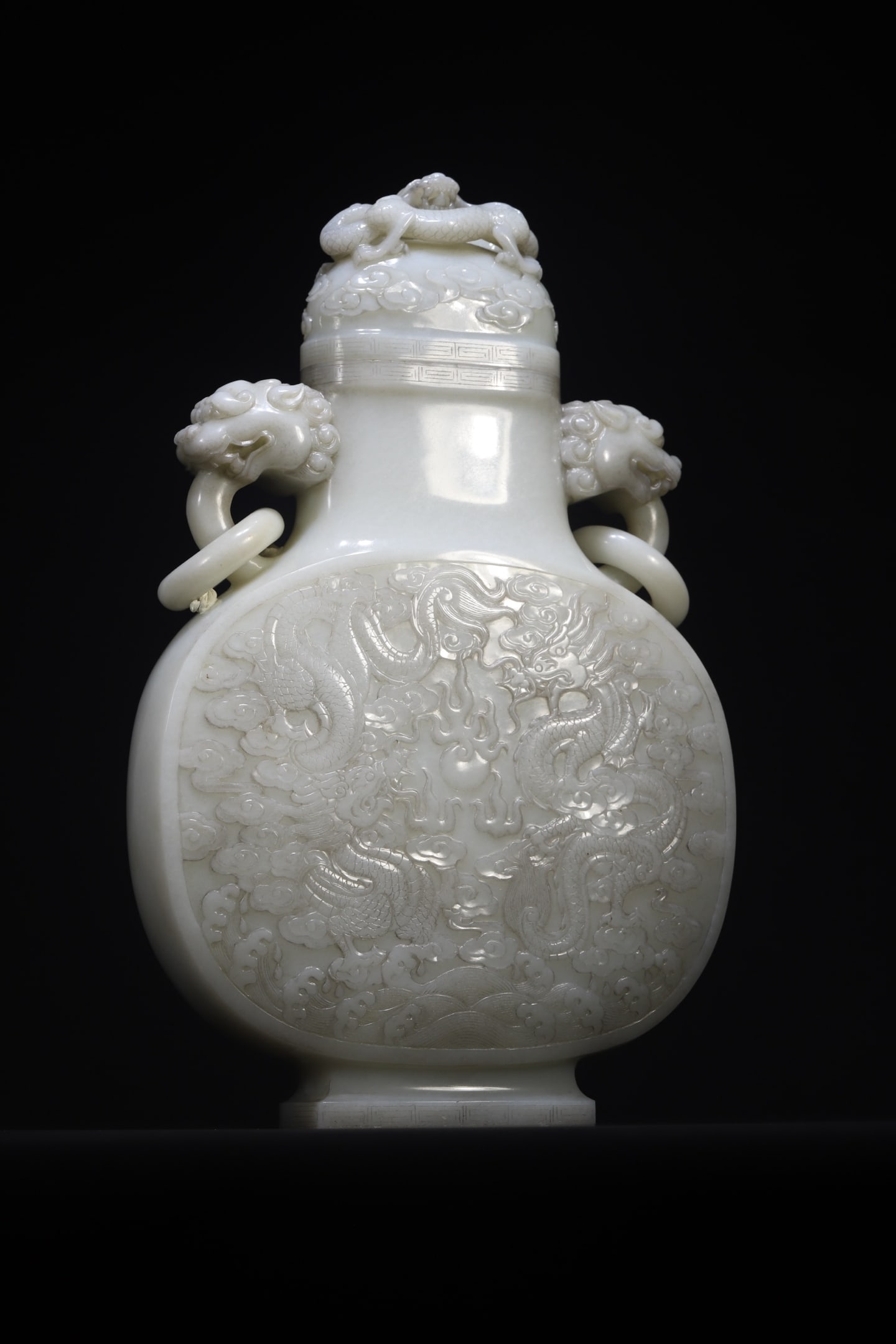 HETIAN JADE FIVE DRAGONS AUSPICIOUS TREASURE VASE: Height 32.5 cm, Weight 3008 g