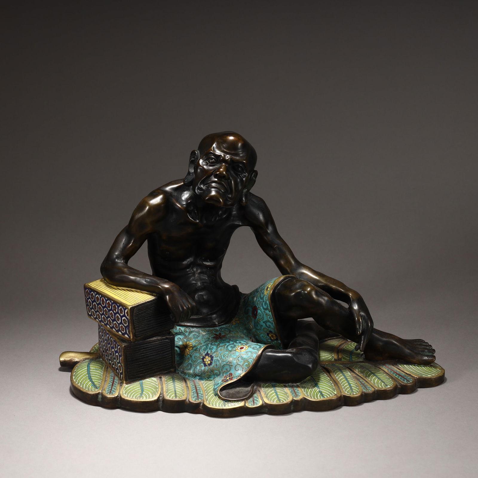 CLOISONNÉ ENAMEL ARHAT STATUE: Height 27cm, Width 40cm