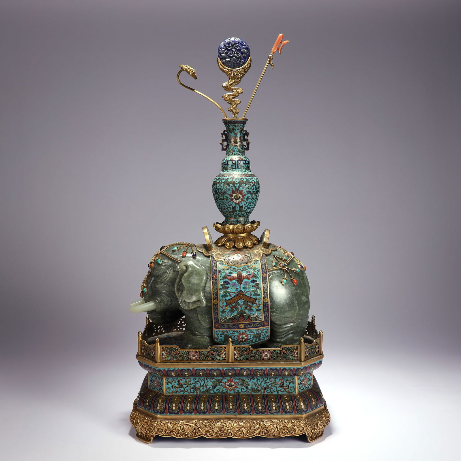 CLOISONNÉ ENAMEL JADE ELEPHANT ORNAMENT: Height 62cm