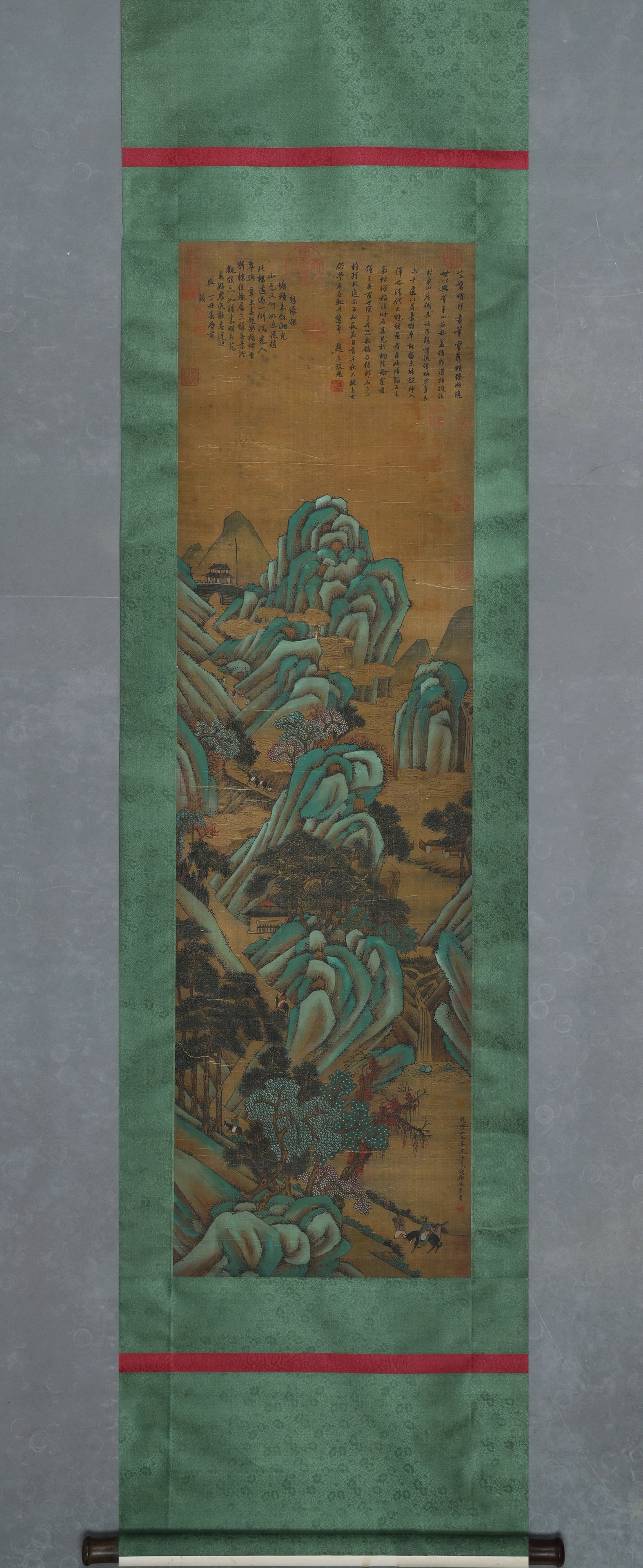 QIAN WEICHENG, SPRING MOUNTAINS AND CLOUDS, OLD SILK: Painting size 139x40CM