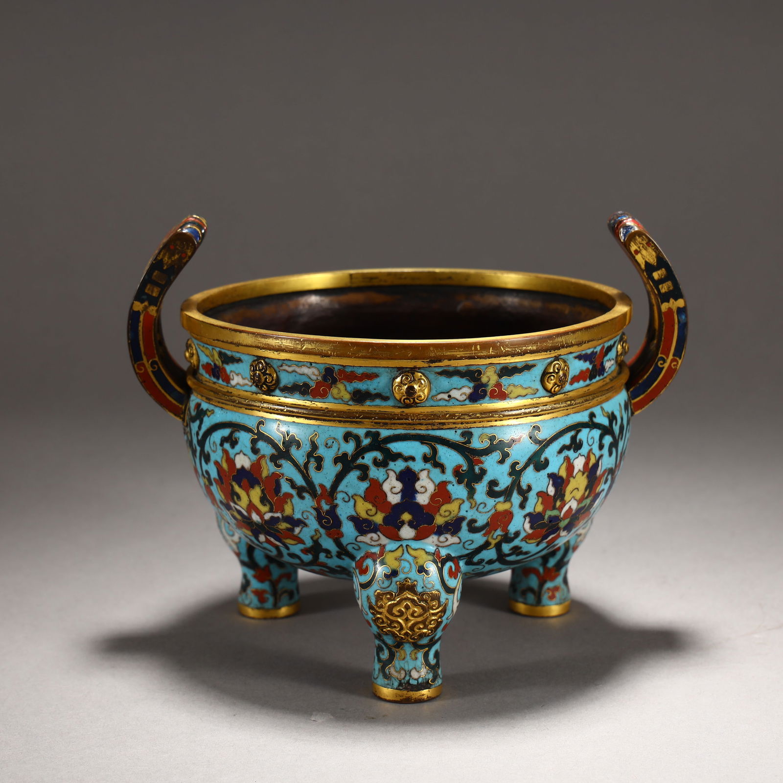BRONZE CLOISONNÉ ENAMEL DOUBLE-EARED INCENSE BURNER: Height 13cm Width 16.5cm