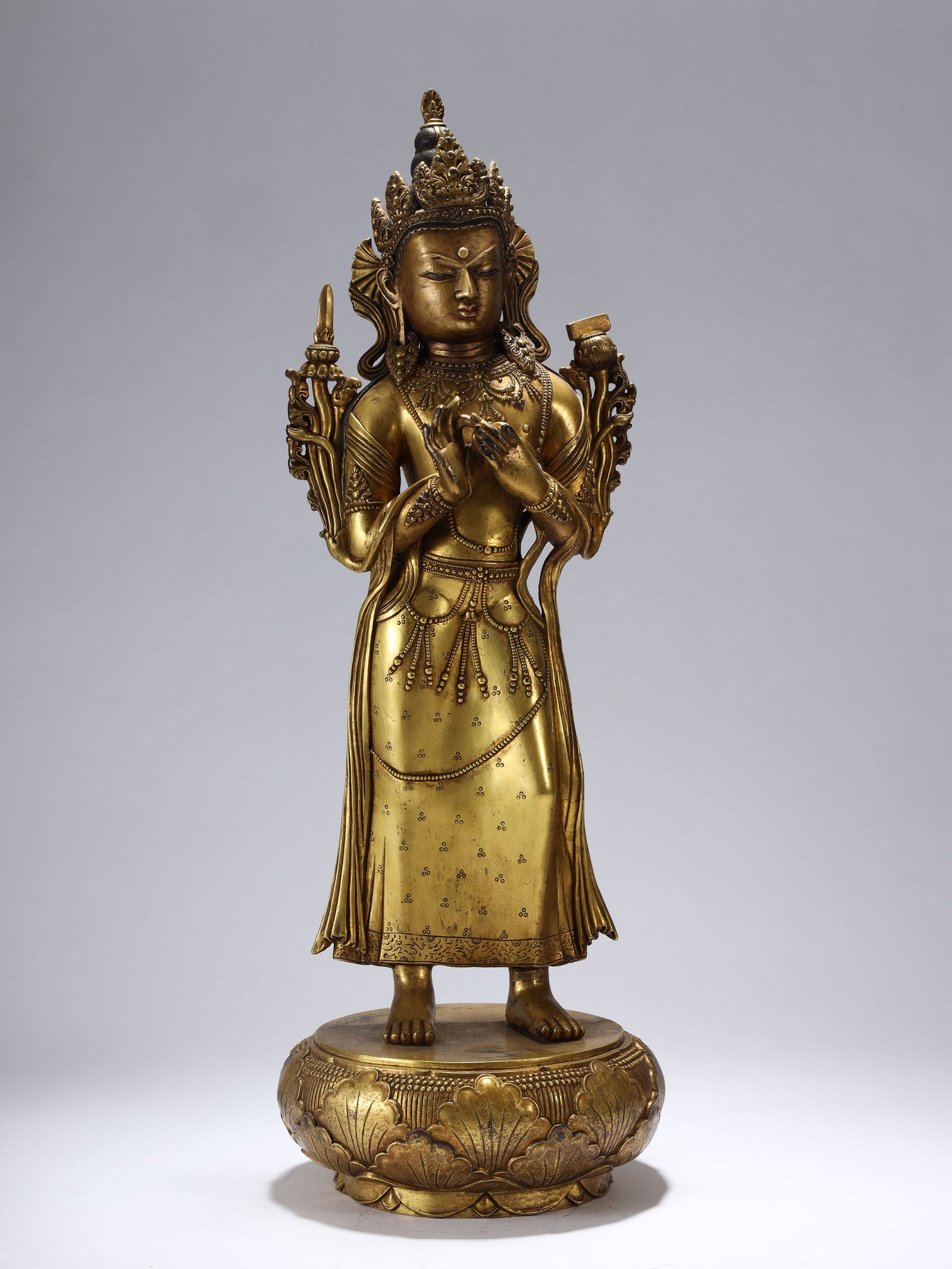 GILT BRONZE STANDING BODHISATTVA IMAGE: Height 45.5cm