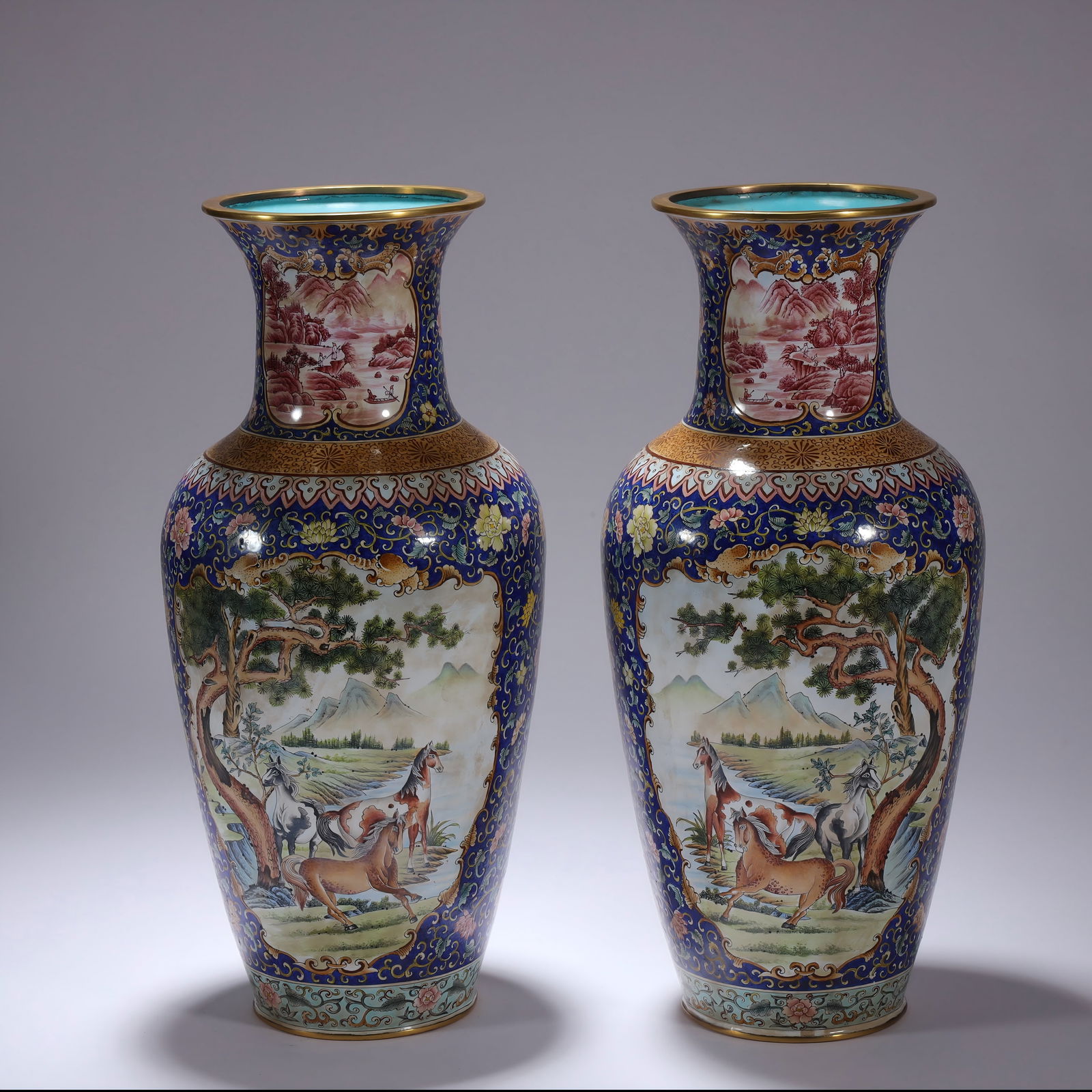 GILT BRONZE VASE WITH LANDSCAPE AND HORSE DESIGN IN ENAMEL DESIGN: Height 30.5cm