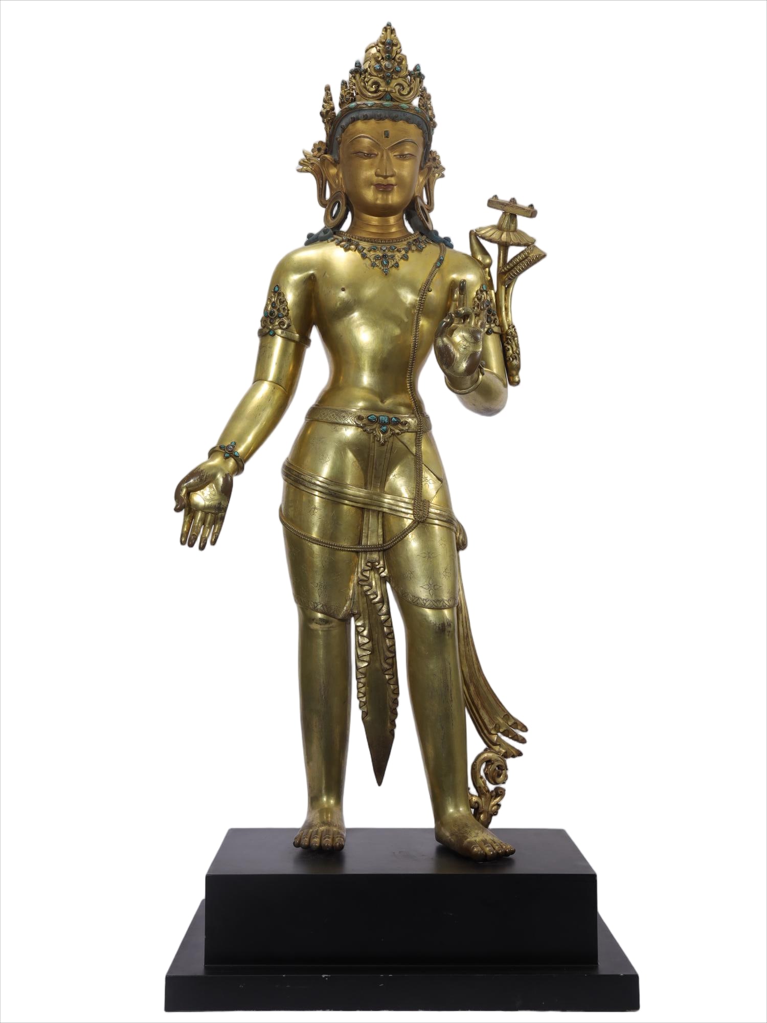 MID-LATE MING DYNASTY GILT BRONZE STANDING GUANYIN BODHISATTVA STATUE: Height 106cm Width 93cm