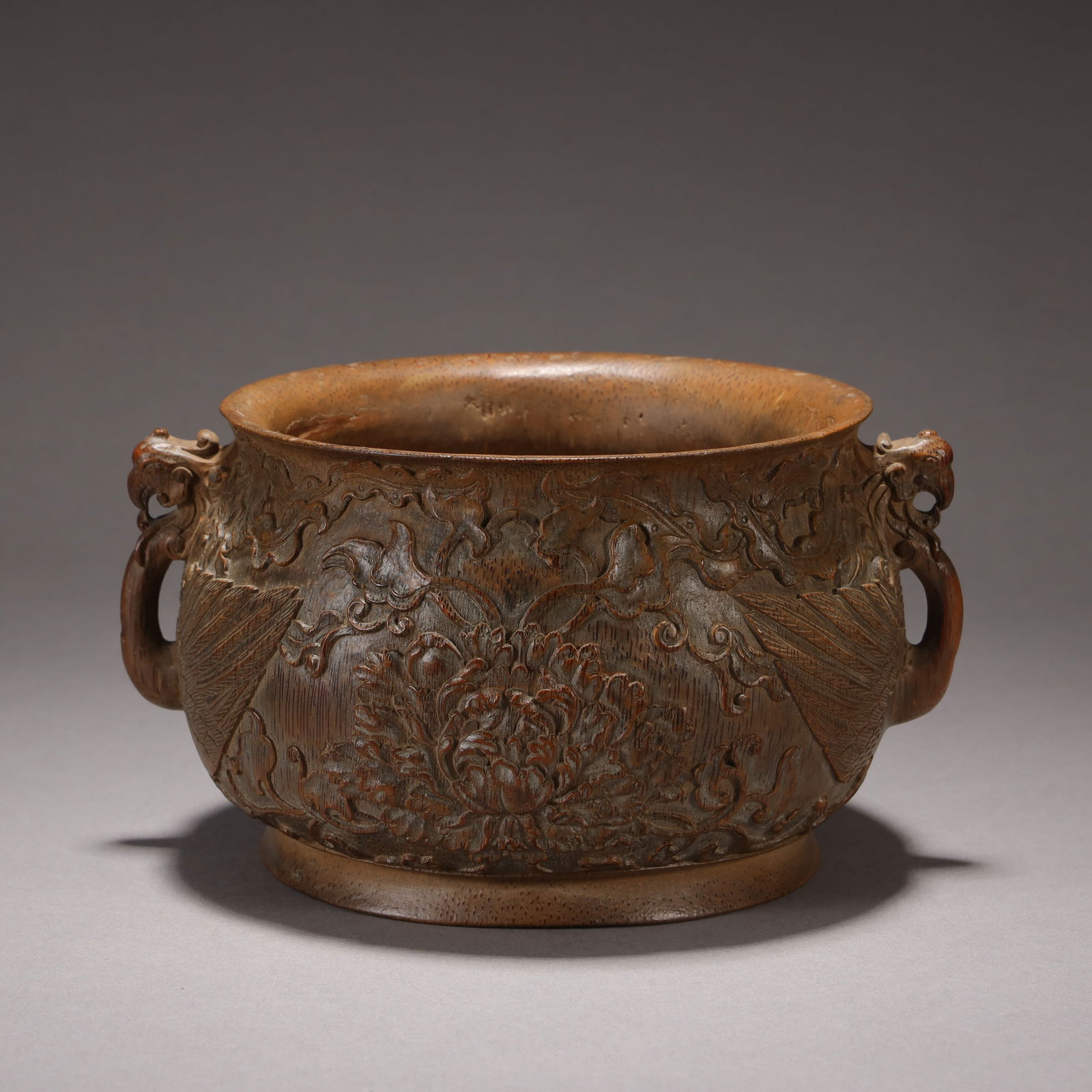 BAMBOO CARVED FLORAL PATTERN DOUBLE PHOENIX EAR CENSER: Height 10.5cm Width 20cm