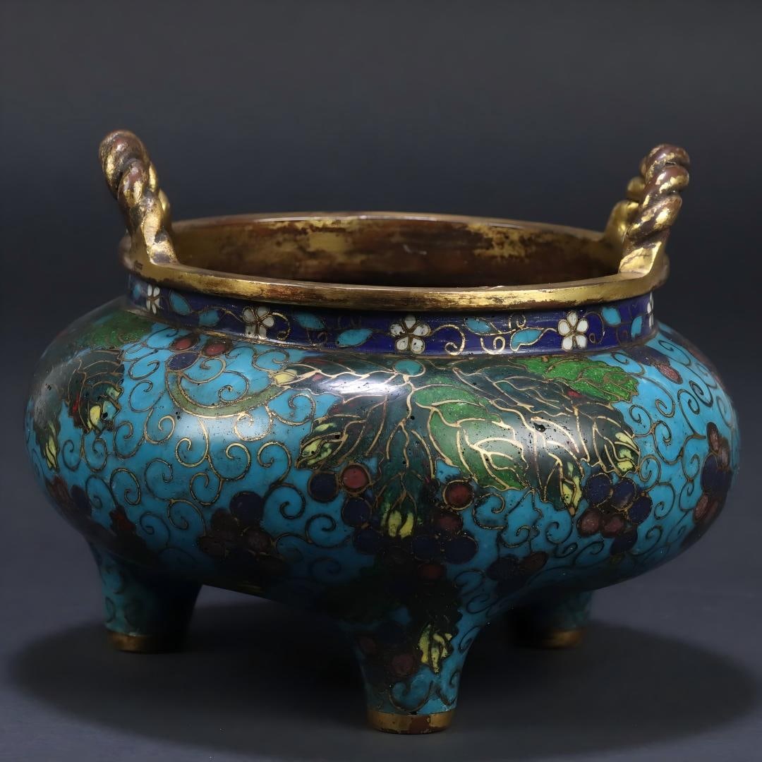 CLOISONNÉ THREE-LEGGED, DOUBLE-EARED INCENSE BURNER MADE DURING THE XUANDE PERIOD OF THE MING: Specifications: 11*14.4*11cm
