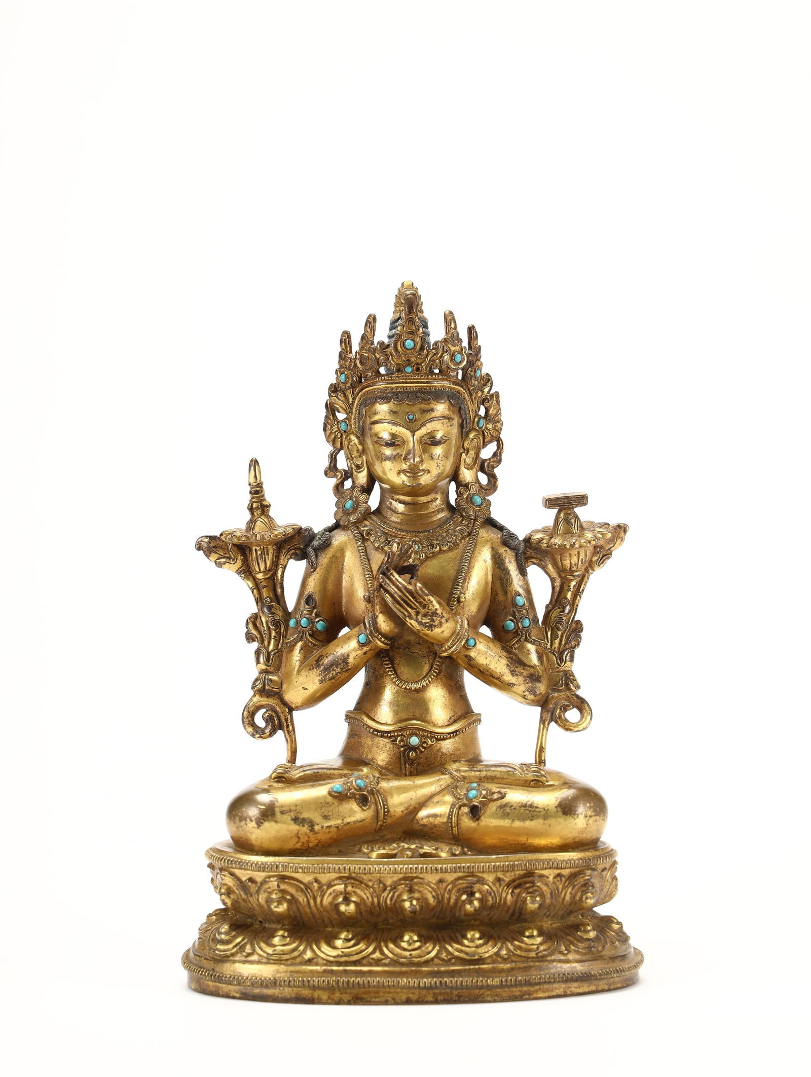 EARLY TIBETAN BUDDHIST GILT BRONZE MANJUSHRI BODHISATTVA STATUE: 19 cm high