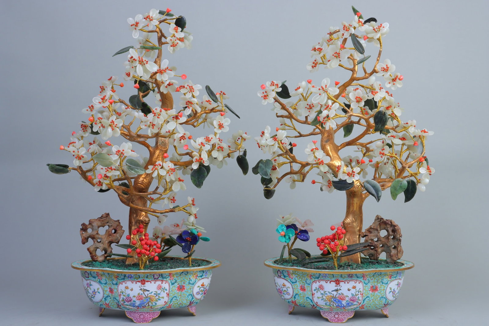 A PAIR OF CLOISONNÉ AND HETIAN JADE BEGONIA BONSAI: Height 32 cm, Width 11 cm