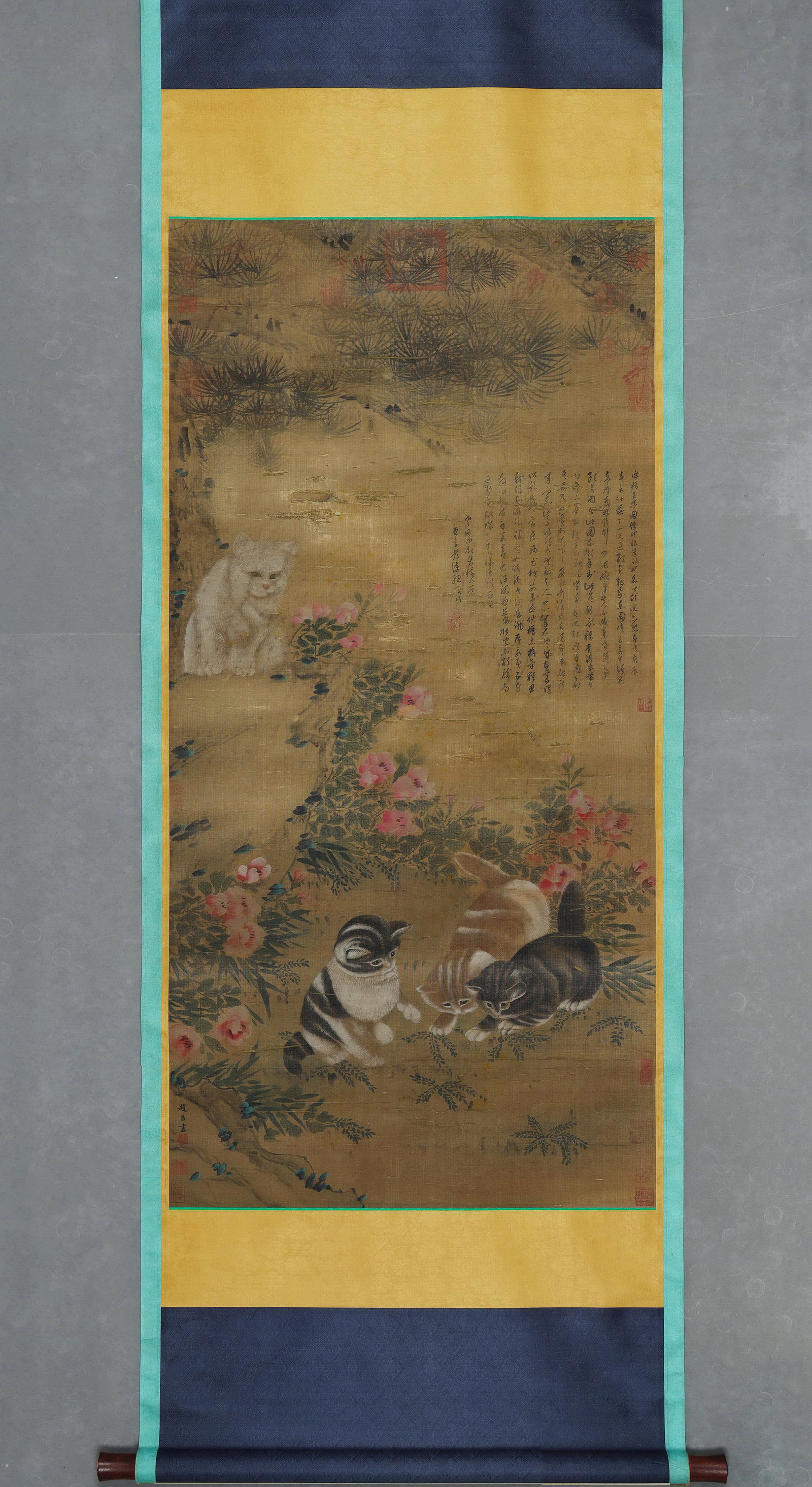 A SILK PAINTING OF CATS PLAYING: Painting size 130 x 64 cm