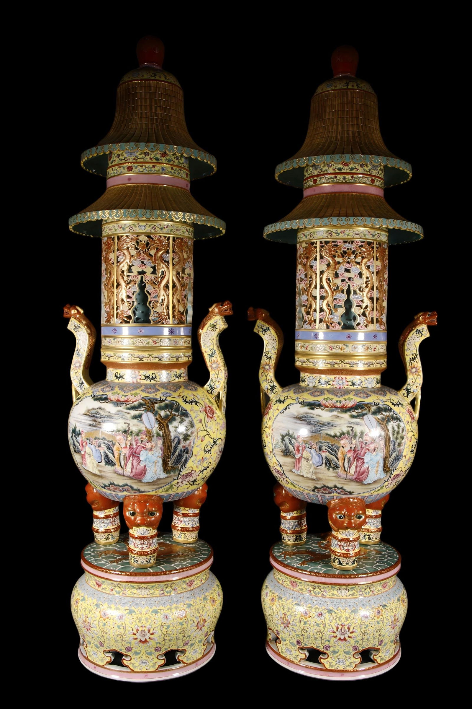 QING DYNASTY, YONGZHENG PERIOD: ENAMEL YELLOW GROUND INCENSE BURNER WITH WINDOWED IMMORTALS: Height: 118 cm, Mouth Diameter: 17 cm, Base Diameter: 26.5 cm