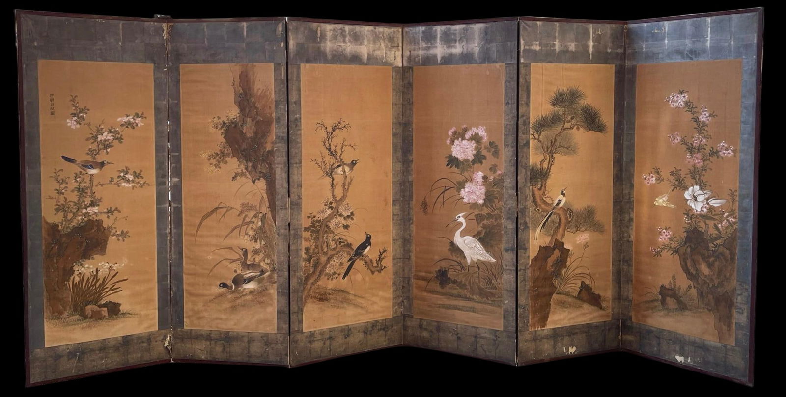 MING DYNASTY, LÜ JI, SILK FLORAL AND BIRD SCREEN: Screen total dimensions 384×177cm
