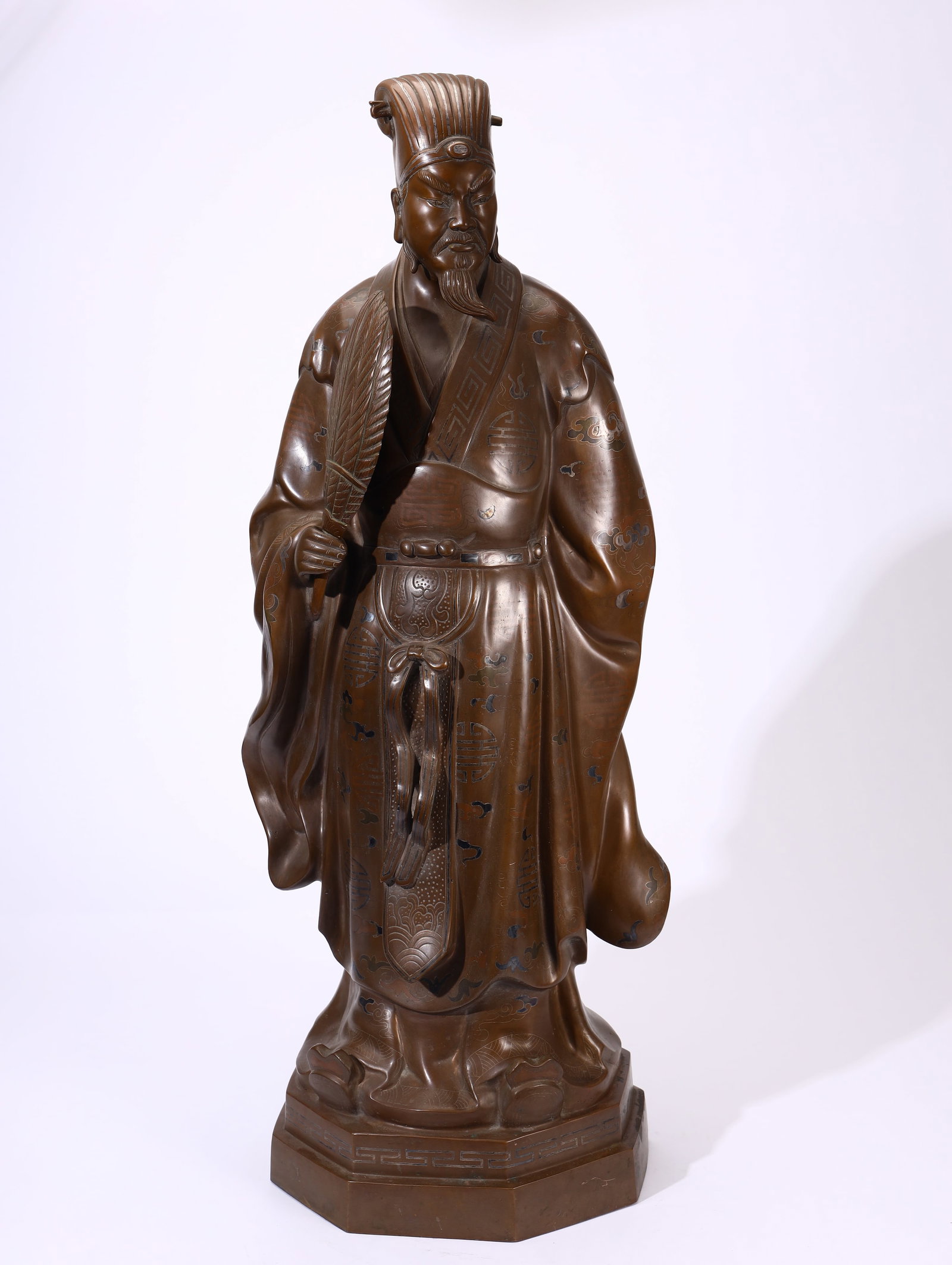 QING DYNASTY BRONZE INLAID WITH GOLD AND SILVER BEADS GE LIANG STATUE: Height 77cm, Width 31cm