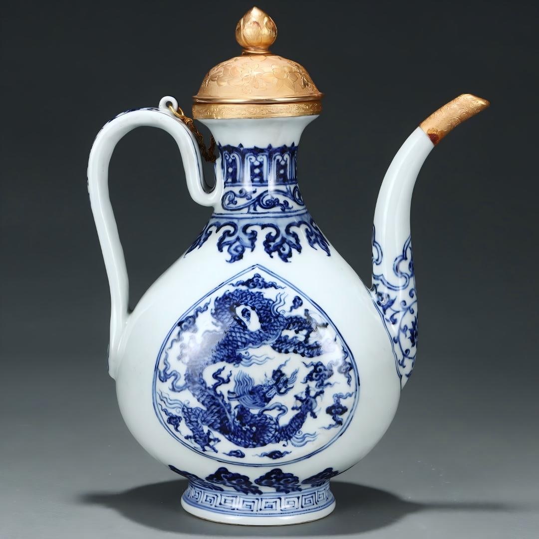 MING DYNASTY YONGLE BLUE AND WHITE PORCELAIN EWER WITH CLOUD AND DRAGON DESIGN: Dimensions: Height: 26.3 cm. Belly diameter: 21 cm