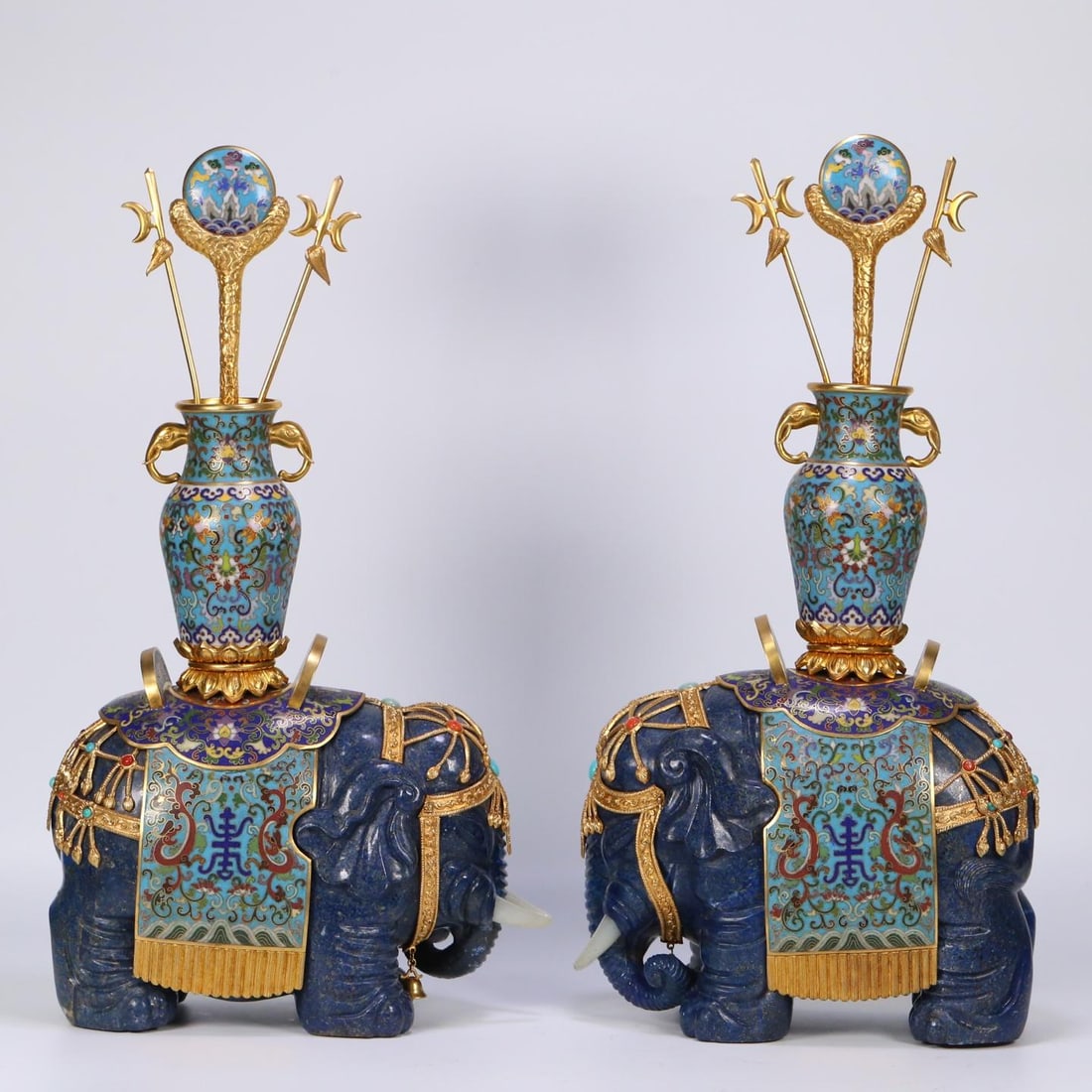 QING DYNASTY, PAIR OF LAPIS LAZULI CLOISONNÉ ELEPHANT ORNAMENTS FOR PROSPERITY: Dimensions 45*24*13cm, Weight 1903.5g