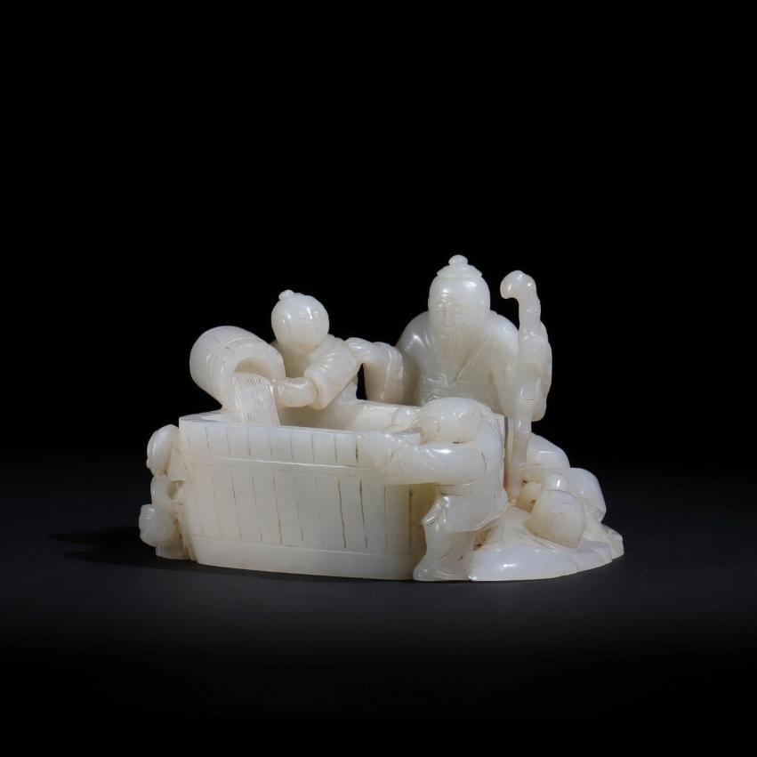 QING DYNASTY QIANLONG PERIOD WHITE JADE CARVED SCHOLAR'S WASH BASIN: Length 11.7cm Width 11.6 cm, Height 8 cm, Weight 781 g