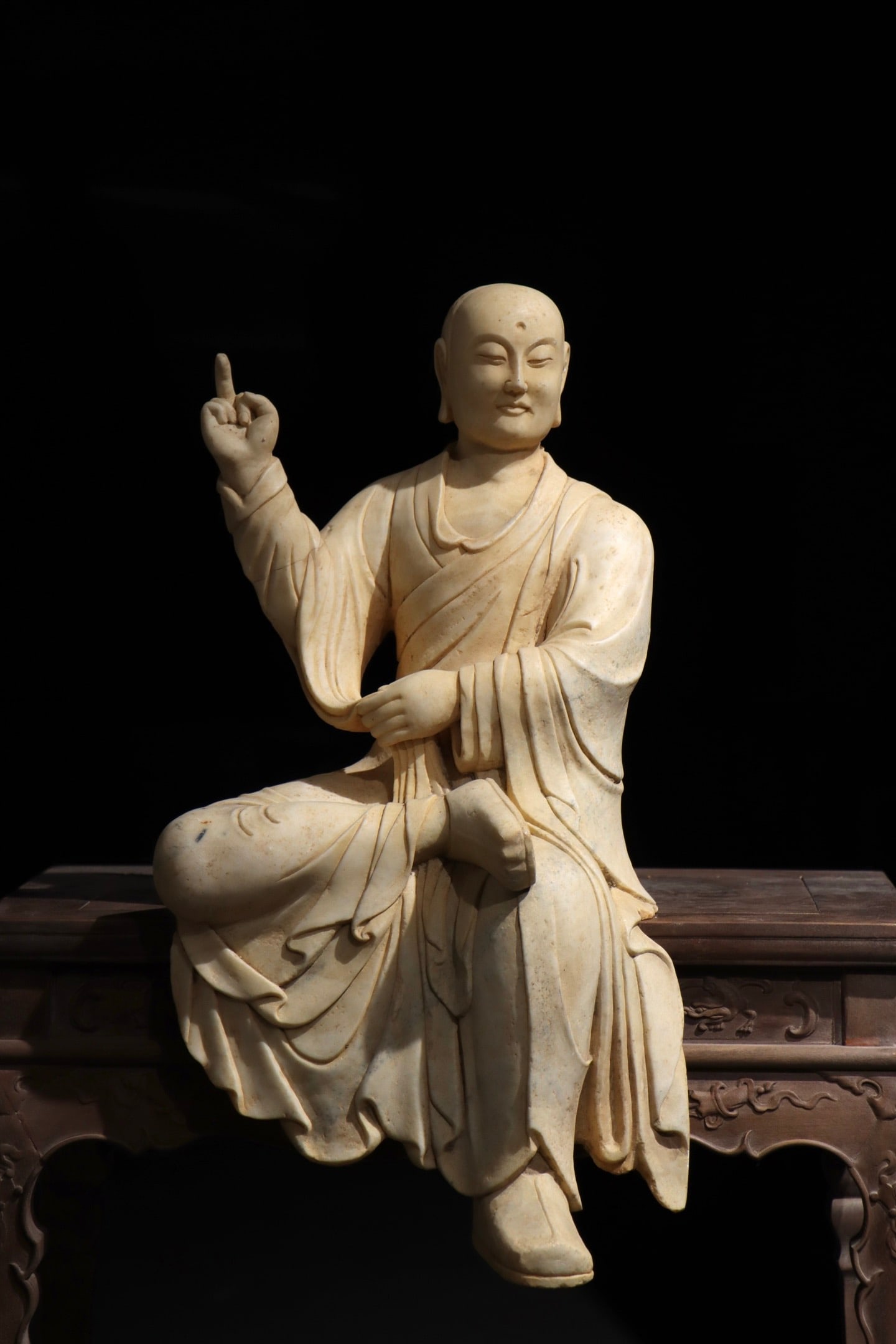 MING DYNASTY WHITE JADE ARHAT STATUE: Height 75 cm, Width 52 cm