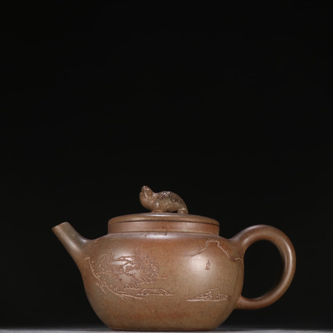 CHEN MINGYUAN'S PURPLE CLAY LANDSCAPE TEAPOT: Height 12 cm, Width 18.5 cm
