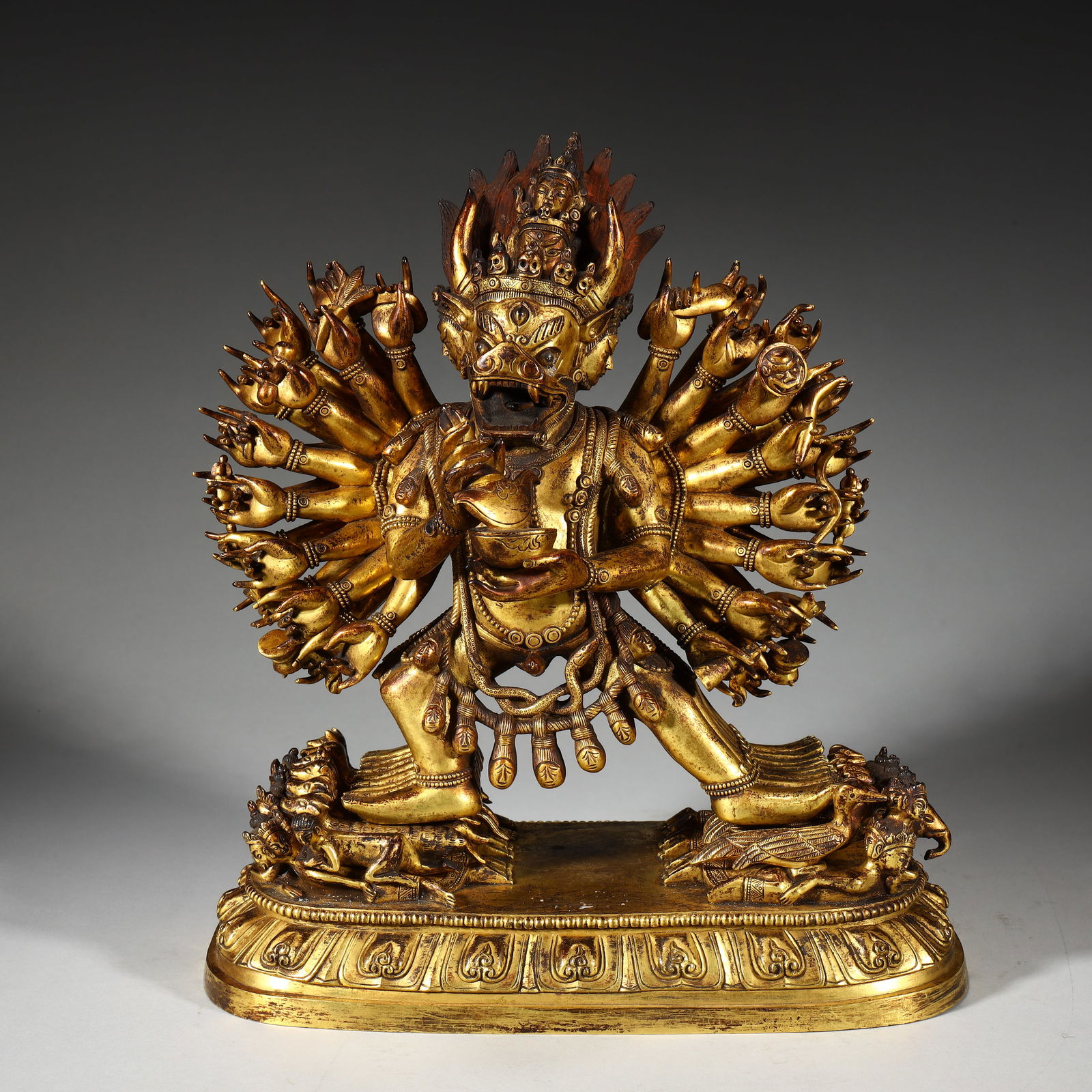 GILT BRONZE VAJRABHAIRAVA STATUE: Height 28.5 cm, Width 25 cm