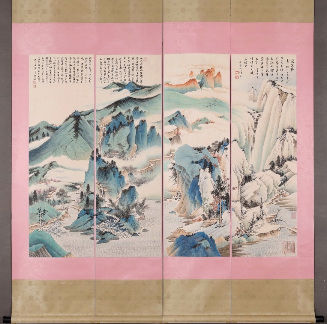 ZHANG DAQIAN, FOUR LANDSCAPE SCROLLS OF THE FOUR SEASONS: 128x37CMx4