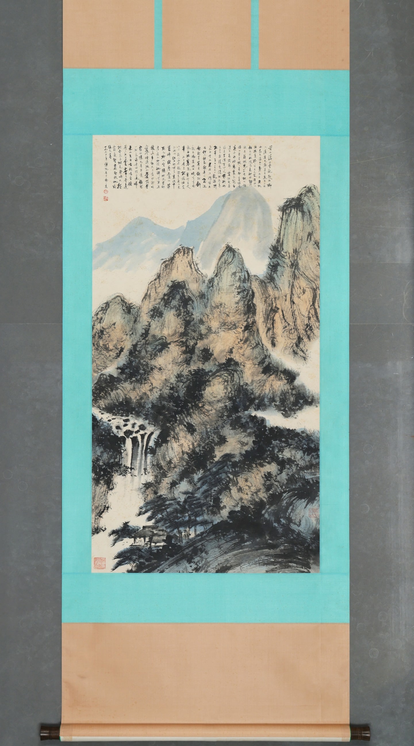 FU BAOSHI, "VIEWING WATERFALL AT SONGSHAN TEMPLE": 112x59CM
