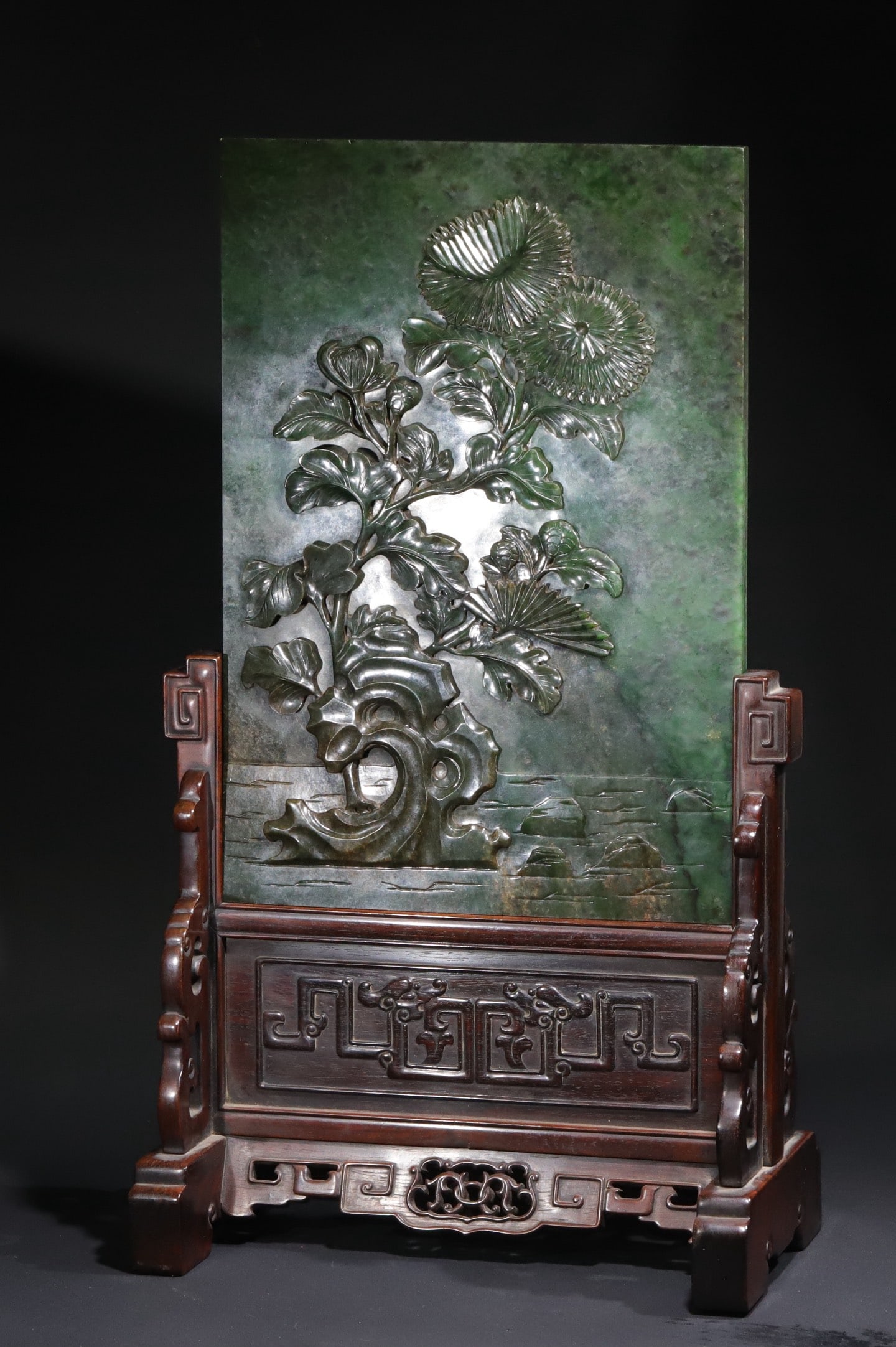 SPINACH JADE GILT-INSCRIBED TABLE SCREEN - 2
