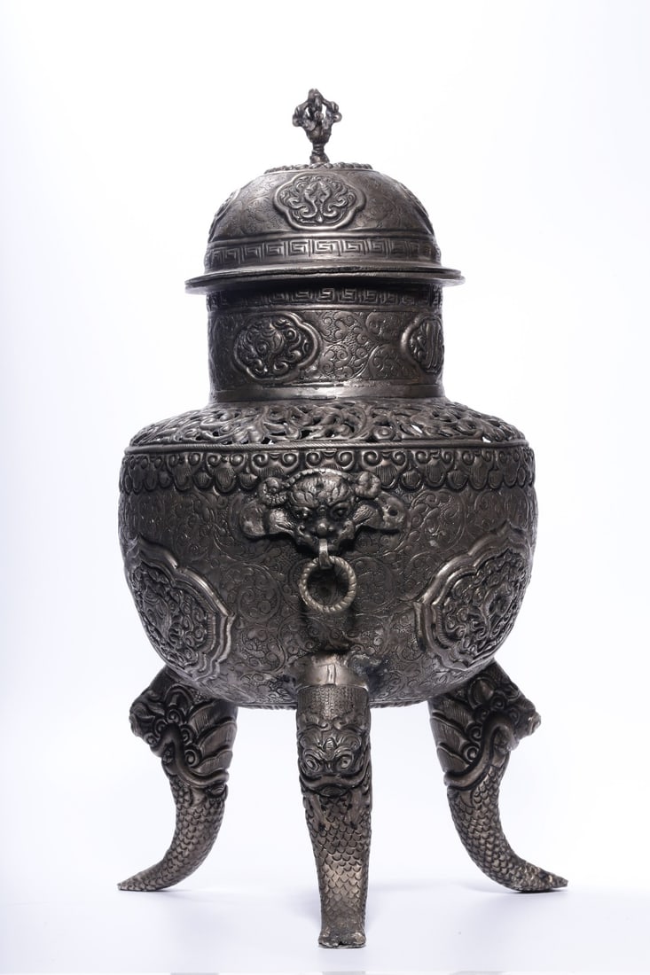 QING DYNASTY, SILVER-PLATED WHITE BRONZE INCENSE BURNER WITH DOUBLE FISH PATTERN: H. 37CM, D. 19CM