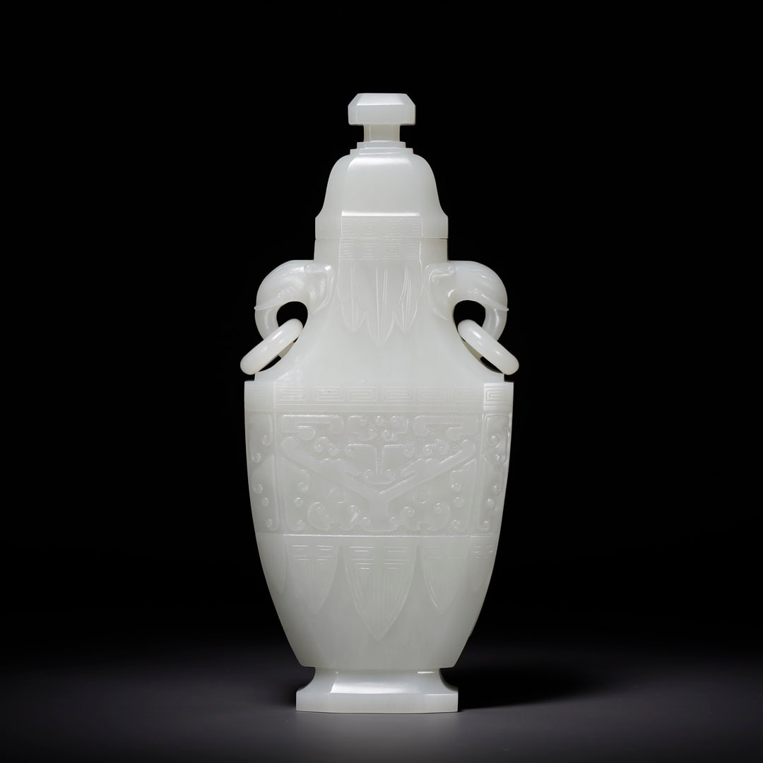 HETIAN JADE TAOTIE PATTERN ELEPHANT EAR VASE (1 of 9)