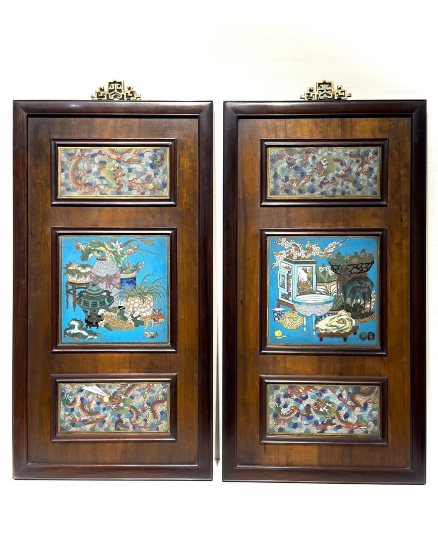A PAIR OF QING DYNASTY CLOISONNÉ ENAMEL INLAID ROSEWOOD HANGING SCREENS: Single piece size: 79.6cm x42cm