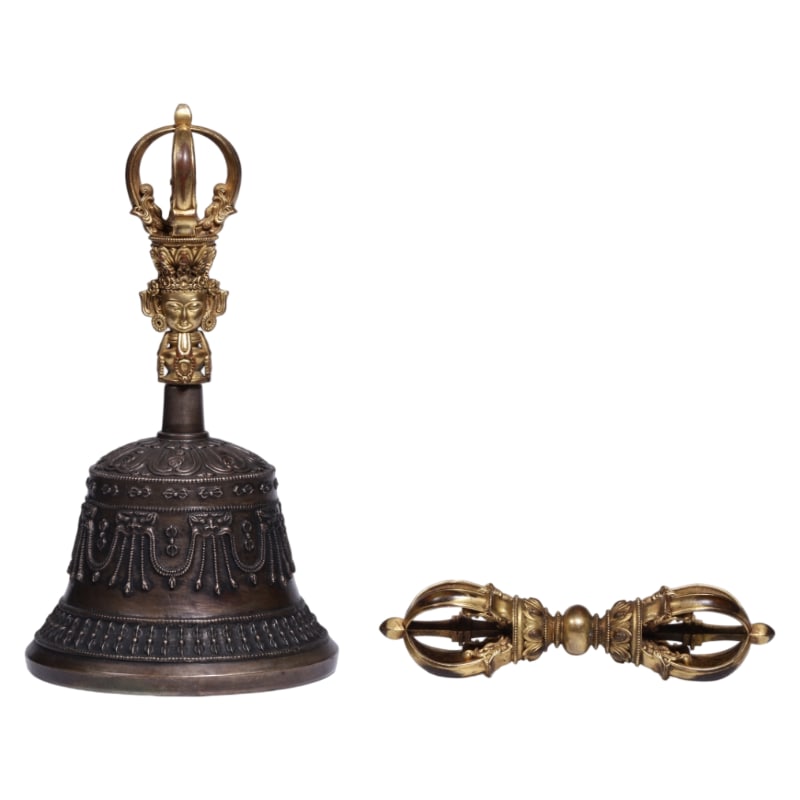 QING DYNASTY, GILT BRONZE VAJRA BELL AND VAJRA PESTLE SET (1 of 7)
