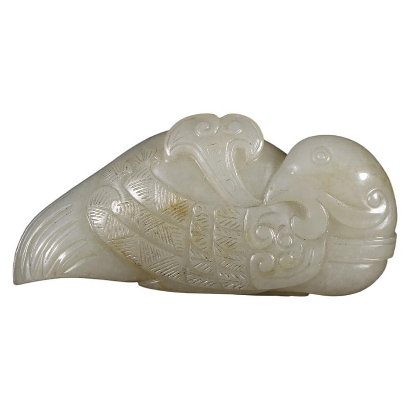 QING DYNASTY, HETIAN JADE PHOENIX BIRD: L. 6.4cm W. 2.3cm H. 3cm Weight 63g