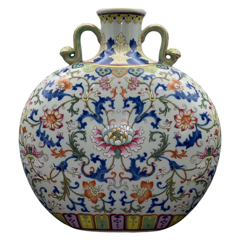 QING DYNASTY QIANLONG PERIOD RUYI GILDED DOUBLE-EARED MOON FLASK: H.27CM