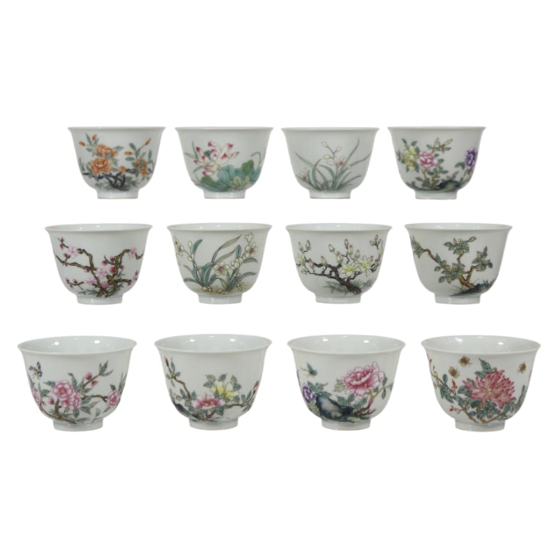 FAMILLE ROSE TWELVE FLOWER GODDESS CUPS: Caliber: 7 cm, Height: 5 cm