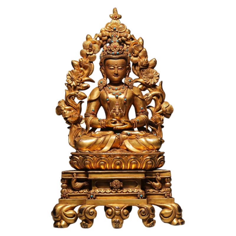 QING DYNASTY, GILT BRONZE INLAID GEM LONGEVITY BUDDHA SEATED STATUE (1 of 9)
