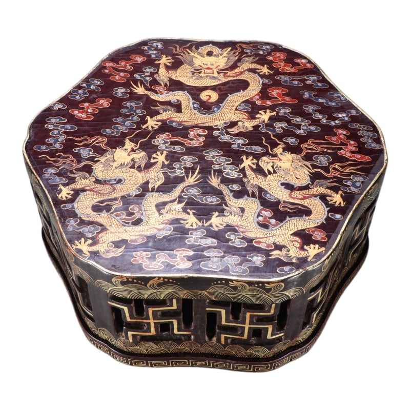 QING DYNASTY WOODEN LACQUERWARE GILDED CLOUD DRAGON PLAYING WITH PEARL COVERED BOX: H.11.2cm W.24cm