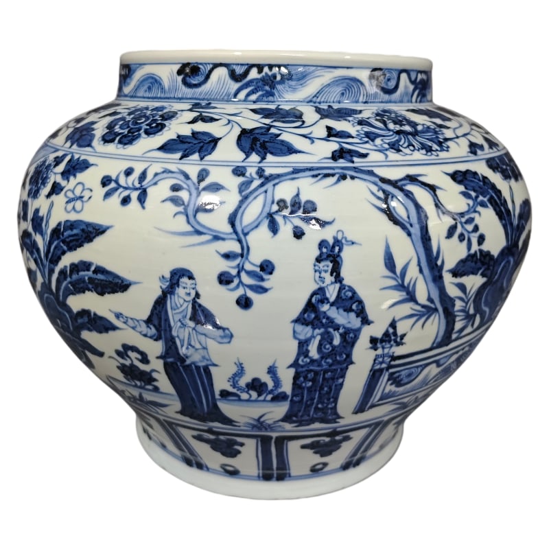 BLUE AND WHITE PORCELAIN JAR WITH FIGURES AND STORIES: H.26 CM