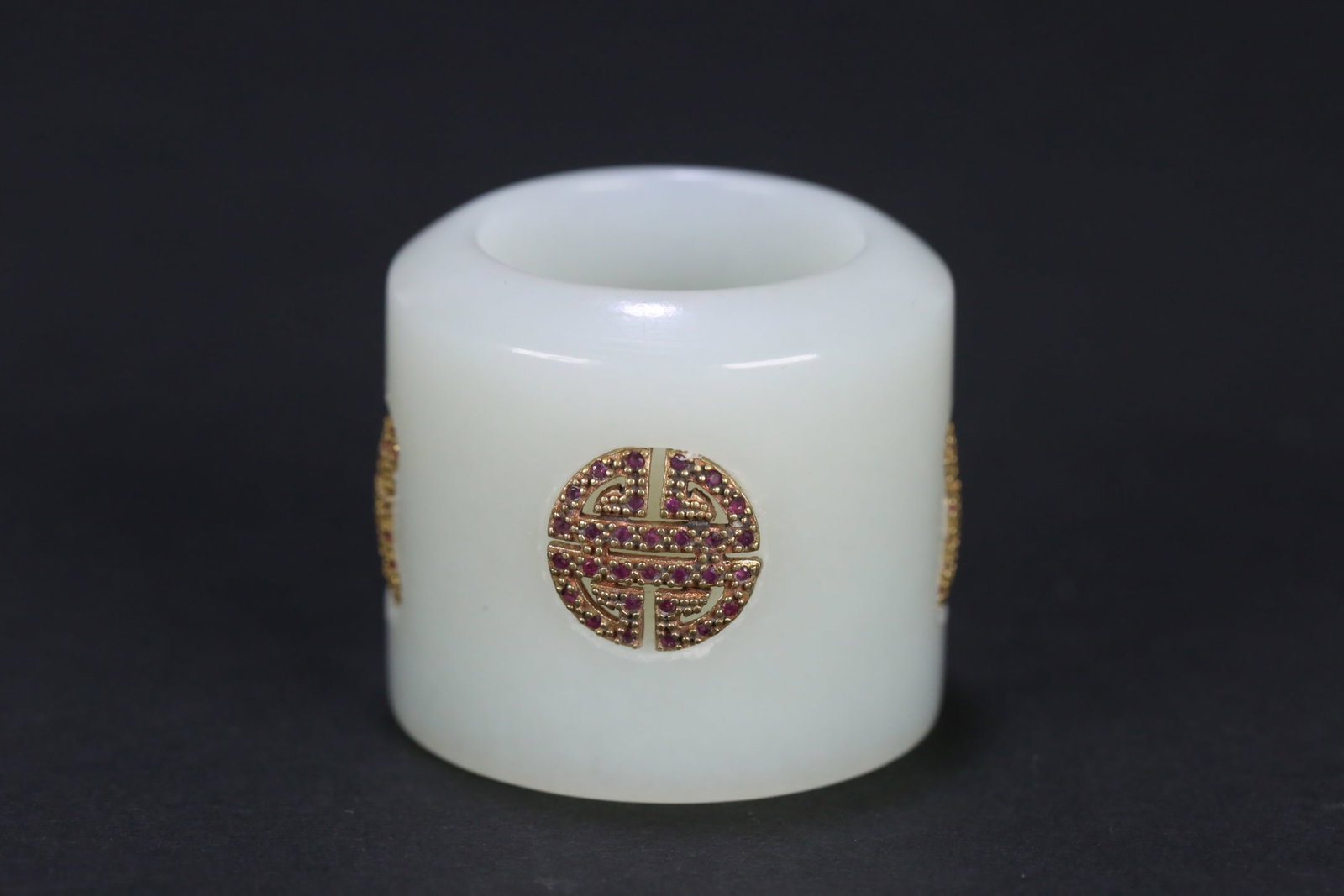 HETIAN JADE THUMB RING INLAID WITH SILVER AND GILT LONGEVITY PATTERN - 2