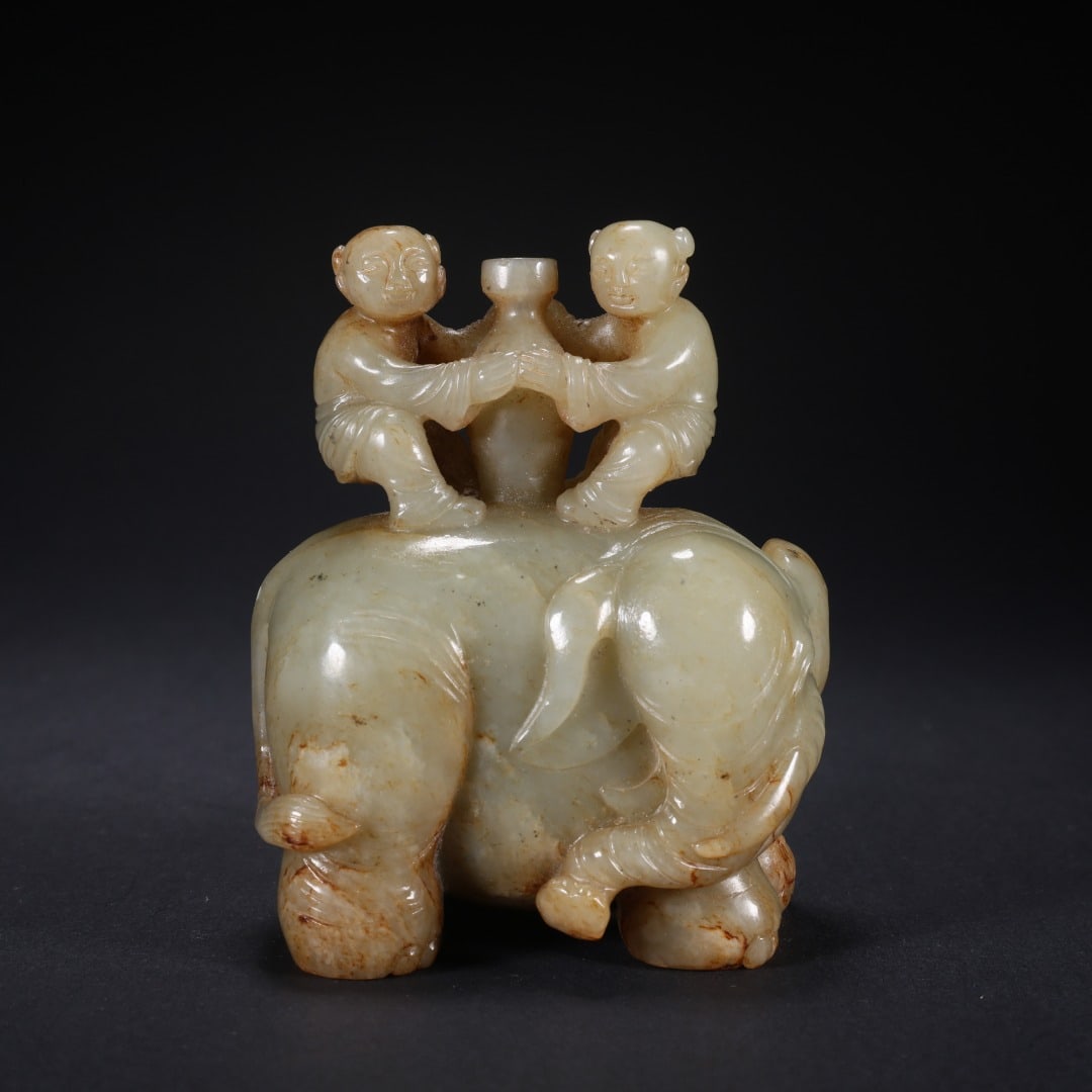 HETIAN JADE TWO CHILDREN PLAYING WITH AN ELEPHANT (1 of 9)