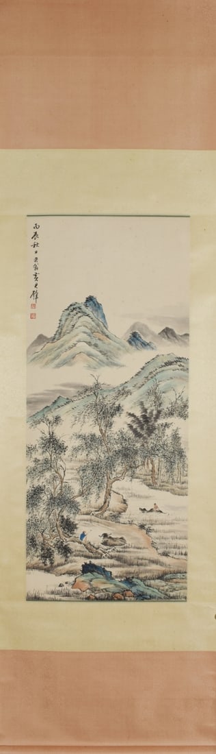 HUANGJUNBI:HERDINGCATTLEBYTHERIVERWILLOWS黄君璧: Size: 103X43cm