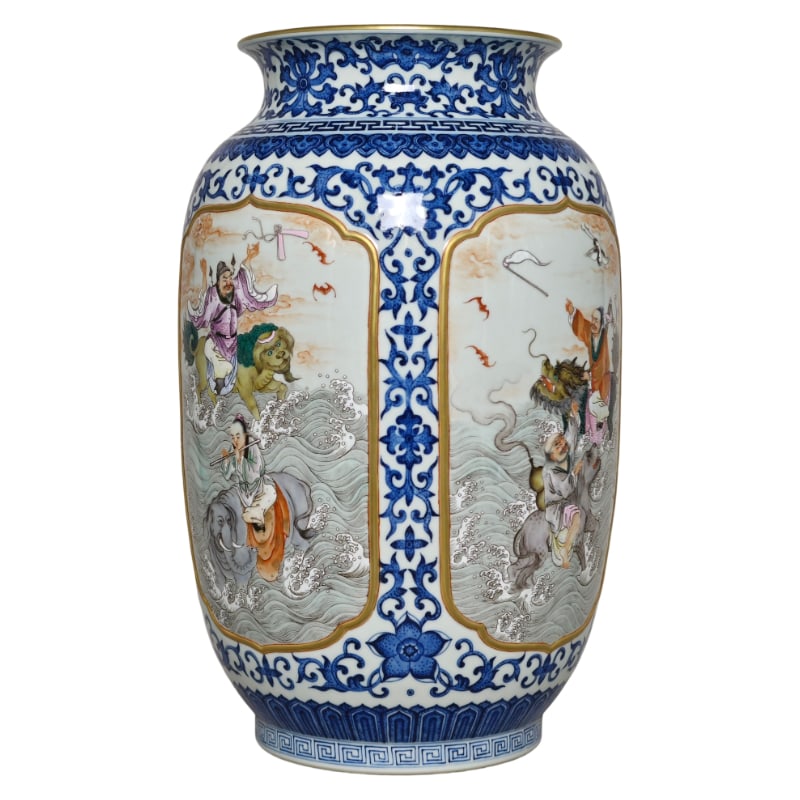 BLUE AND WHITE EIGHT IMMORTALS CROSSING THE SEA VASE: Height 43 cm, diameter 28 cm