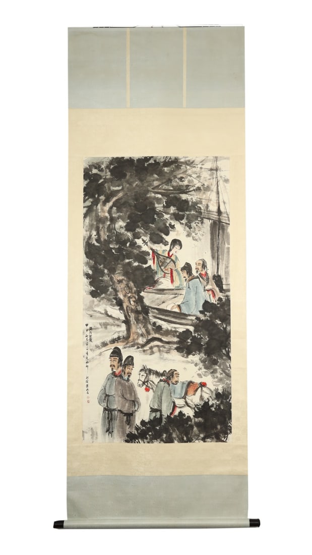 FUBAOSHI:PIPAXING*(SONGOFTHEPIPA)—POETICSENTIMENTSOFTHETANGDYNASTY，傅抱: The painting is 138cm high and 69cm wide.