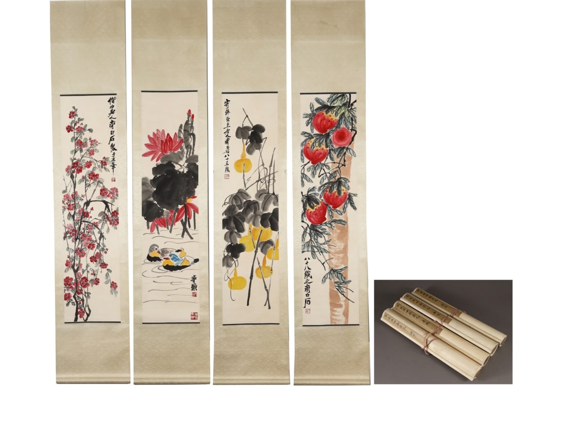 QIBAISHI:FOUR-PANELSCREEN齐白石: The painting is 136cm high and 33cm wide.