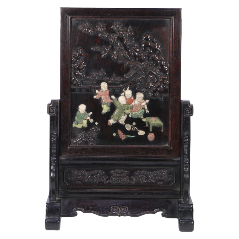 ROSEWOOD INLAID SHOUSHAN STONE "CHILDREN AT PLAY" SCREEN: Dimensions: 42X28X17 cm, Weight: 1590 grams